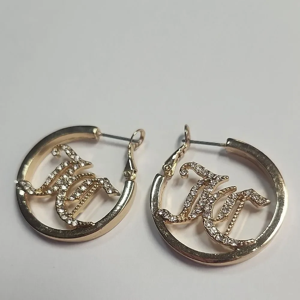Juicy Couture Jewelry Gold Hoop Earrings Crystal Pave Logo JC  Clear Rhinestones